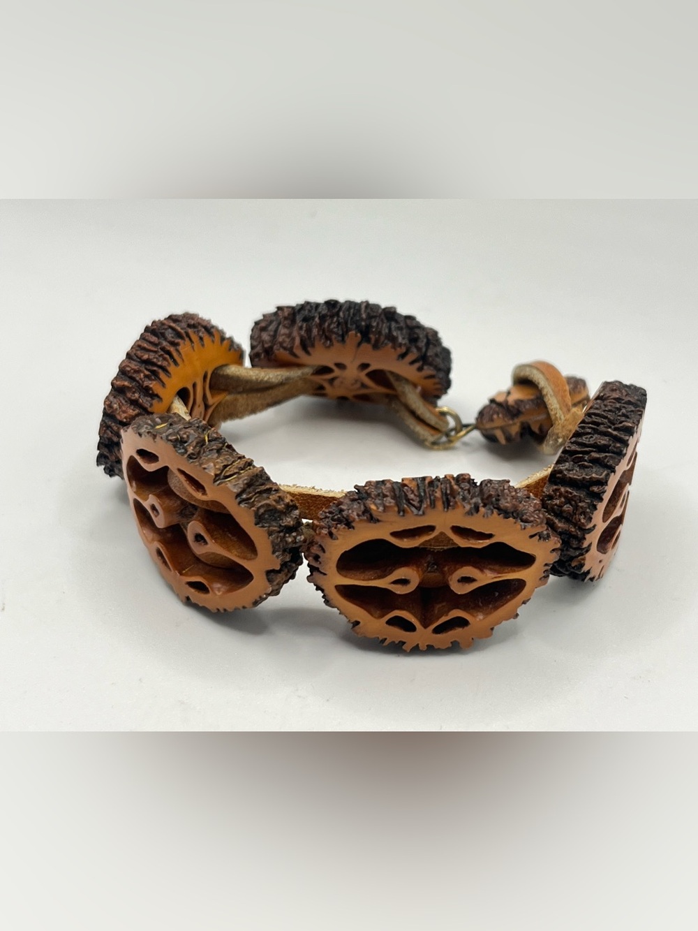 Artisan Carved Black Walnut & Leather Bracelet - Picture 3 of 11